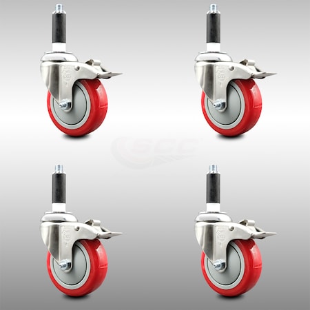 Service Caster 4 Inch 316SS Red Poly Swivel 7/8 Inch Expanding Stem Caster Set Lock Brake SCC-SS316TTLEX20S414-PPUB-RED-78-4